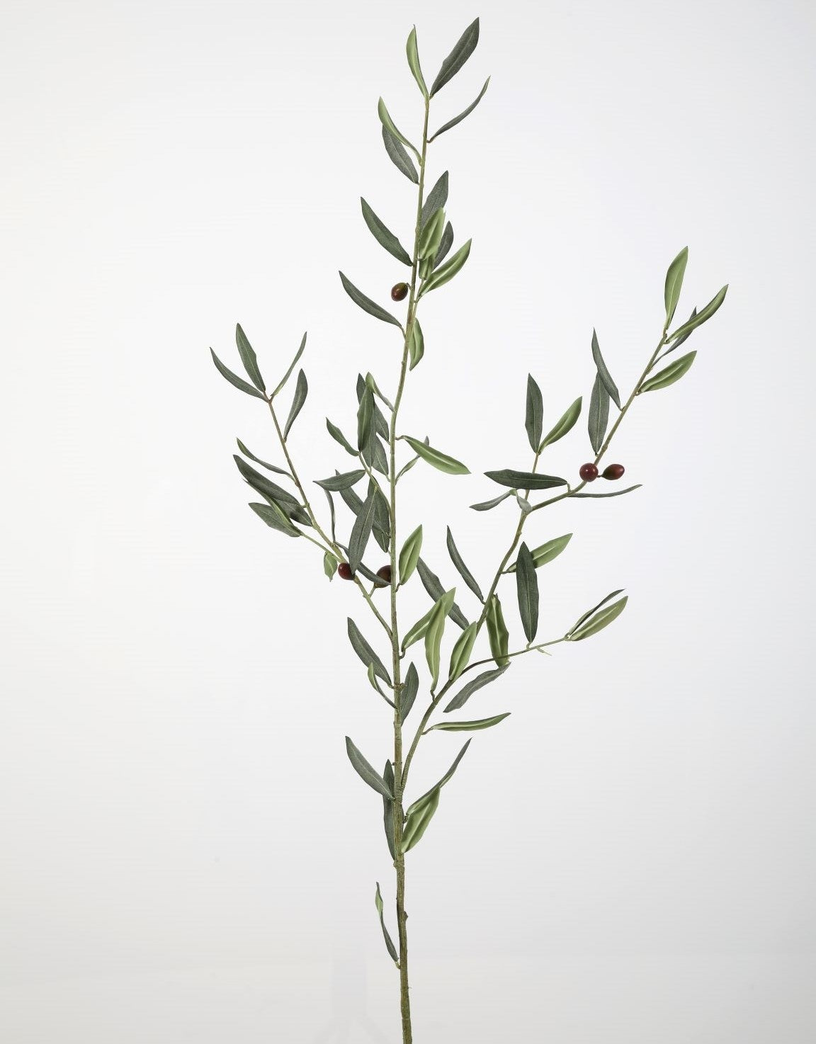 Kunsttak van een olijftak, 129 cm hoog, met realistische groene bladeren en takken, perfect voor decoratie.